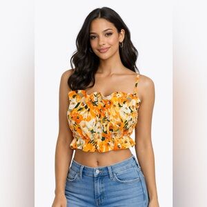 Divided H&M Floral Crop Top Womens Small Orange Ruffle Camisole Festival Summer